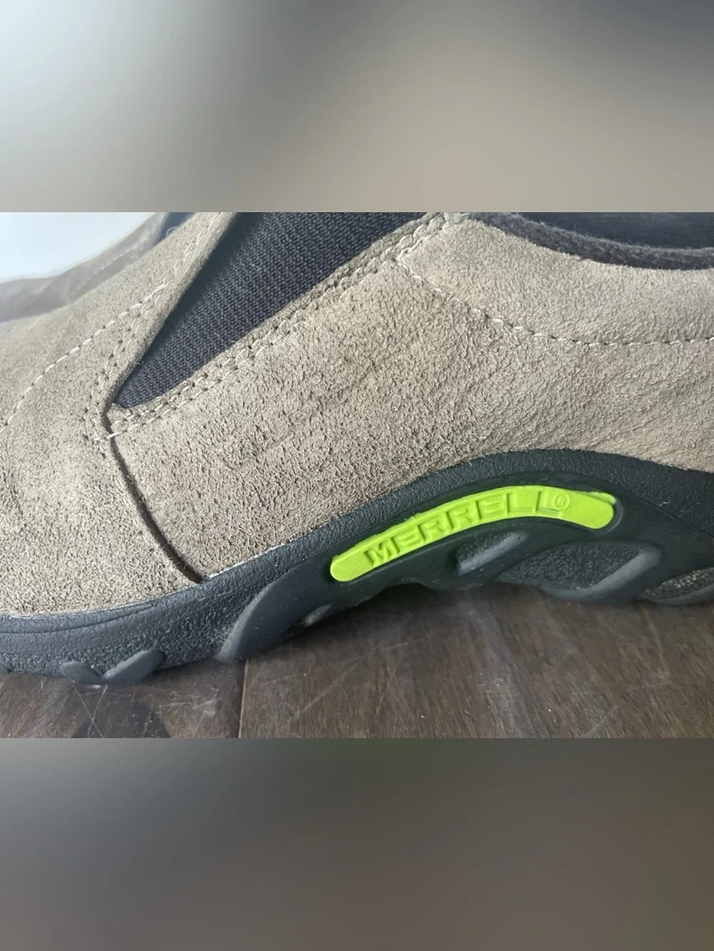 Merrell Kids Slip-On Suede Sneakers in Taupe with Black and Lime Accents